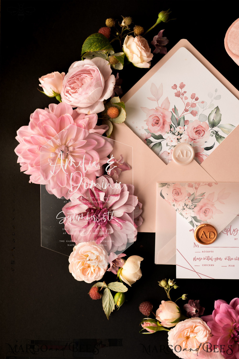 Romantic Floral Wedding Invites, Luxury Blush Pink Wedding Invitations, Elegant Geometric Wedding Cards, Handmade Vellum Wedding Stationery-2