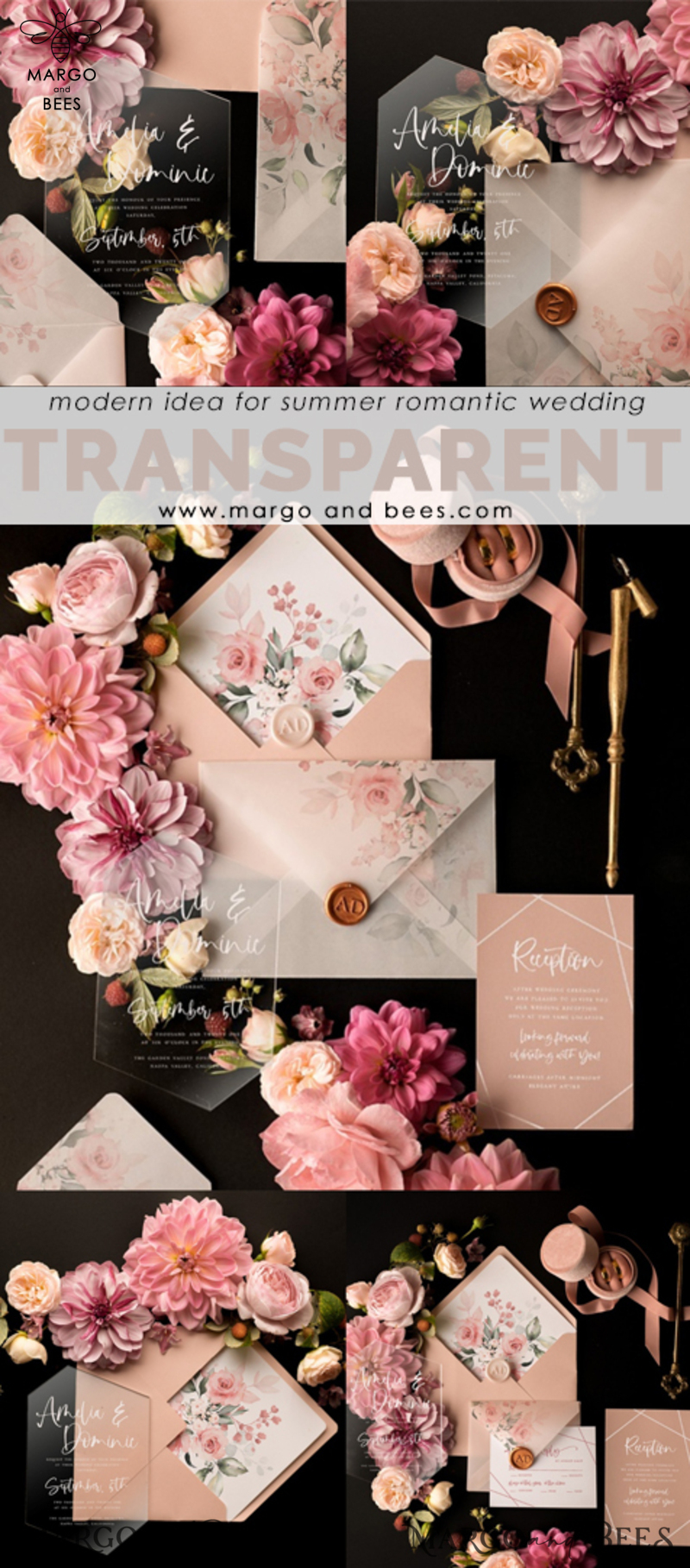 Romantic Floral Wedding Invites, Luxury Blush Pink Wedding Invitations, Elegant Geometric Wedding Cards, Handmade Vellum Wedding Stationery-11