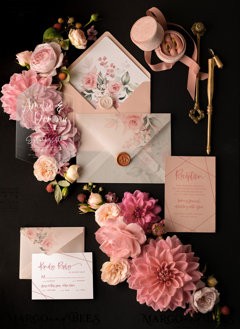 Romantic Floral Wedding Invites, Luxury Blush Pink Wedding Invitations, Elegant Geometric Wedding Cards, Handmade Vellum Wedding Stationery-4