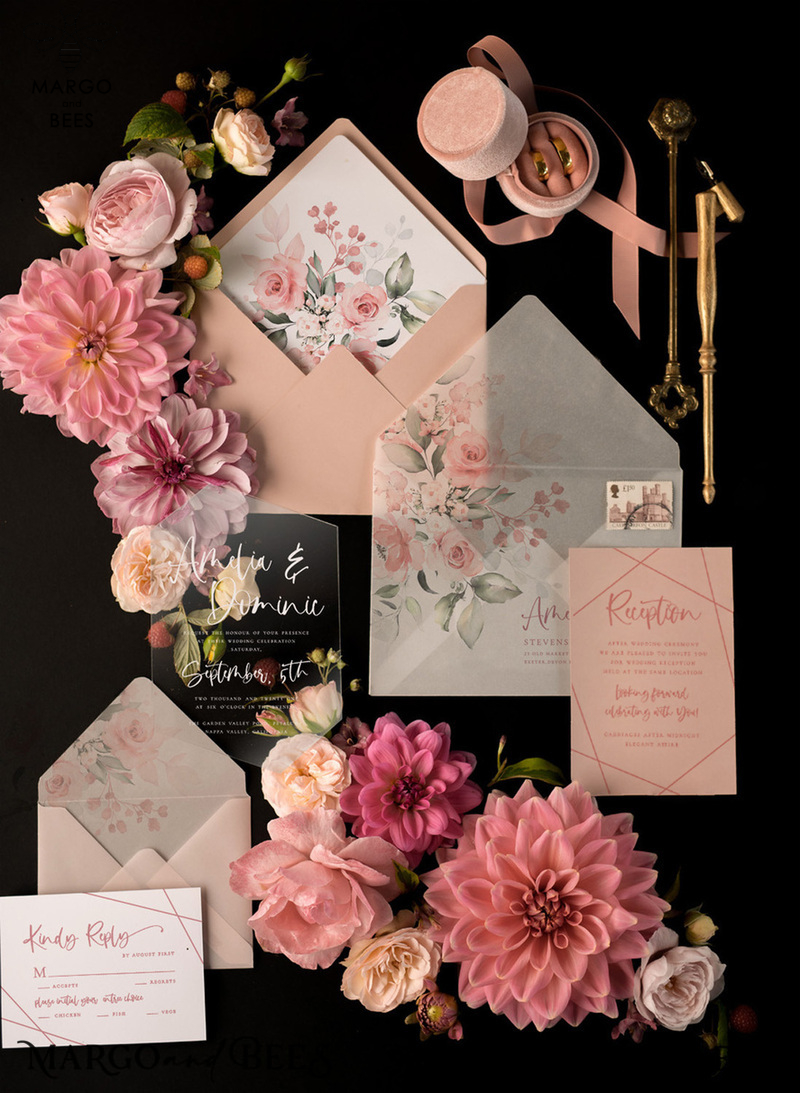 Romantic Floral Wedding Invites, Luxury Blush Pink Wedding Invitations, Elegant Geometric Wedding Cards, Handmade Vellum Wedding Stationery-0