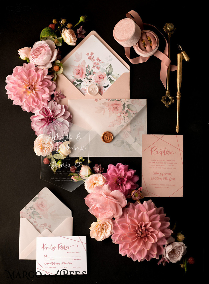 Romantic Floral Wedding Invites, Luxury Blush Pink Wedding Invitations, Elegant Geometric Wedding Cards, Handmade Vellum Wedding Stationery-3