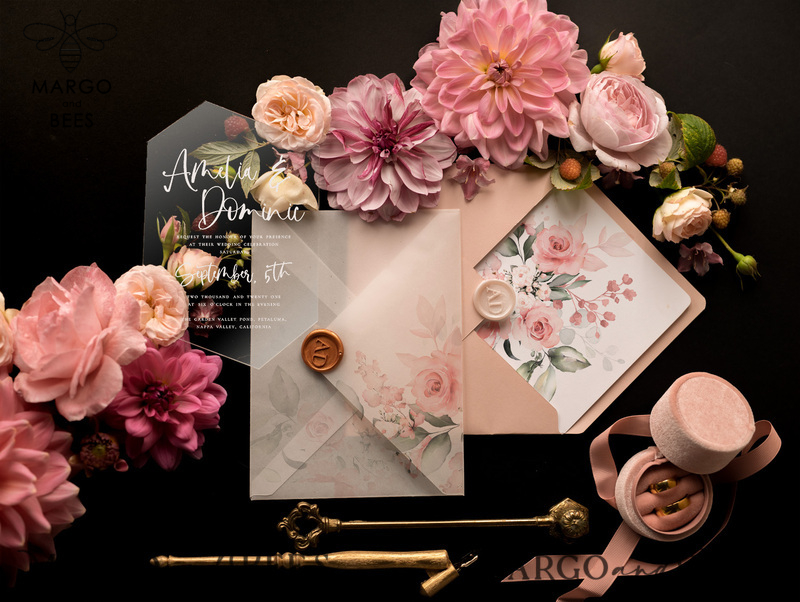 Romantic Floral Wedding Invites, Luxury Blush Pink Wedding Invitations, Elegant Geometric Wedding Cards, Handmade Vellum Wedding Stationery-6