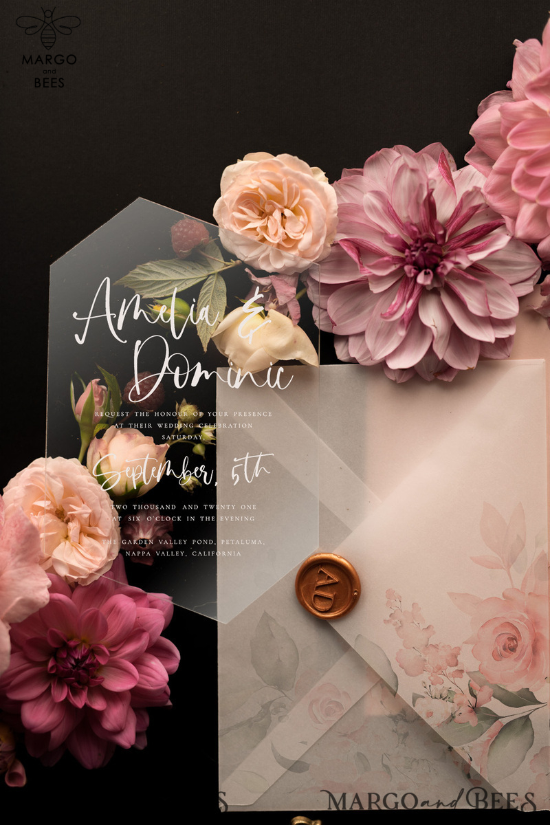 Romantic Floral Wedding Invites, Luxury Blush Pink Wedding Invitations, Elegant Geometric Wedding Cards, Handmade Vellum Wedding Stationery-7