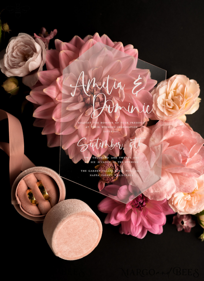 Romantic Floral Wedding Invites, Luxury Blush Pink Wedding Invitations, Elegant Geometric Wedding Cards, Handmade Vellum Wedding Stationery-9