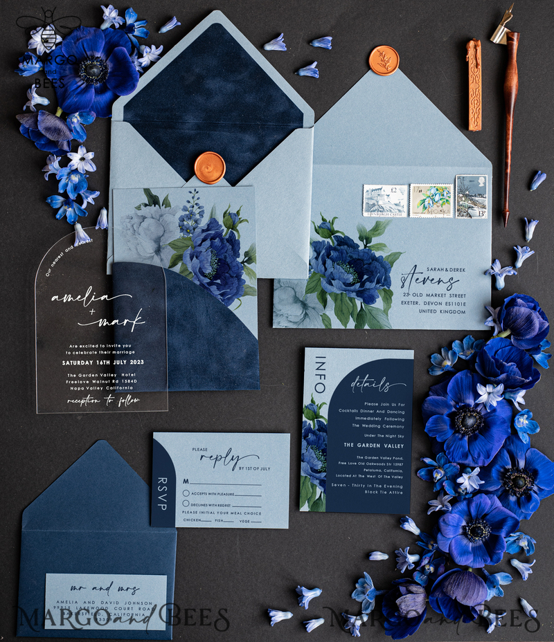 Elegant Arch Acrylic Wedding Invitations Ice blue, Velvet Pocket Navy blue Modern Wedding, Plexi Wedding Invitation Suite, Arch Navy Blue Invitation set-0