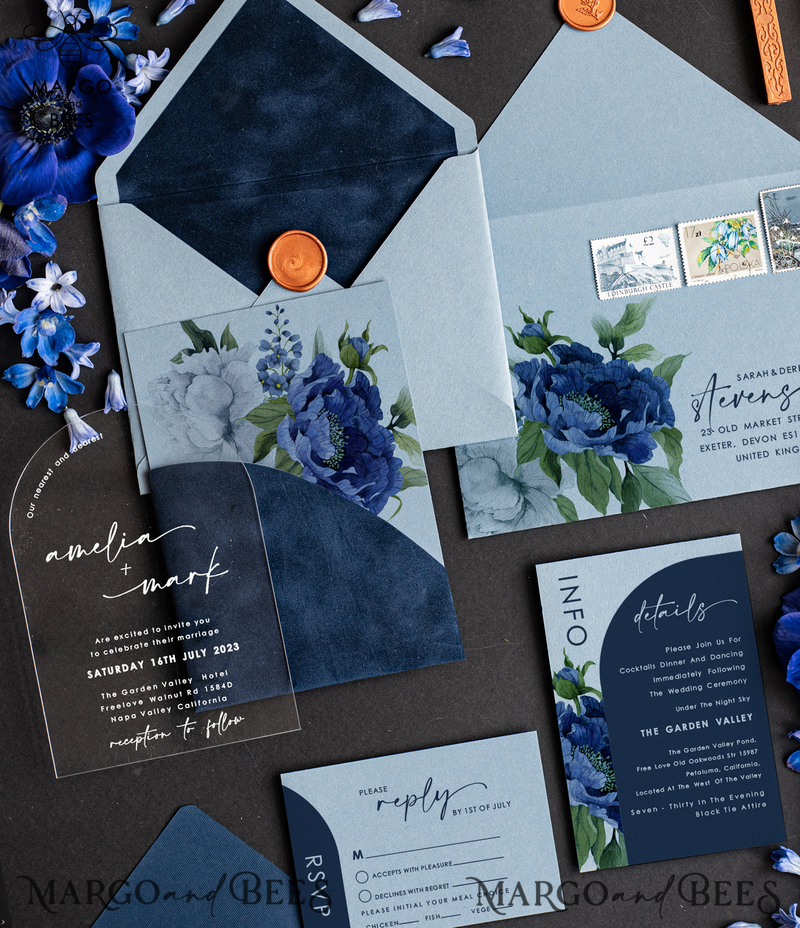 Elegant Arch Acrylic Wedding Invitations Ice blue, Velvet Pocket Navy blue Modern Wedding, Plexi Wedding Invitation Suite, Arch Navy Blue Invitation set-1