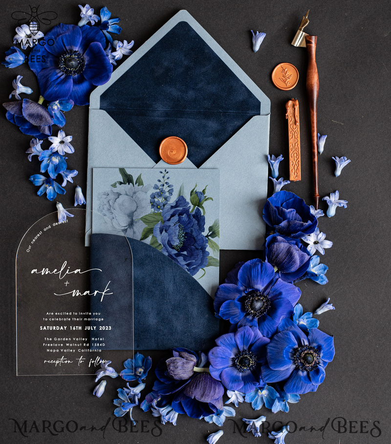 Elegant Arch Acrylic Wedding Invitations Ice blue, Velvet Pocket Navy blue Modern Wedding, Plexi Wedding Invitation Suite, Arch Navy Blue Invitation set-2
