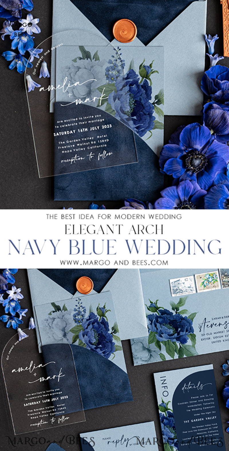 Elegant Arch Acrylic Wedding Invitations Ice blue, Velvet Pocket Navy blue Modern Wedding, Plexi Wedding Invitation Suite, Arch Navy Blue Invitation set-3