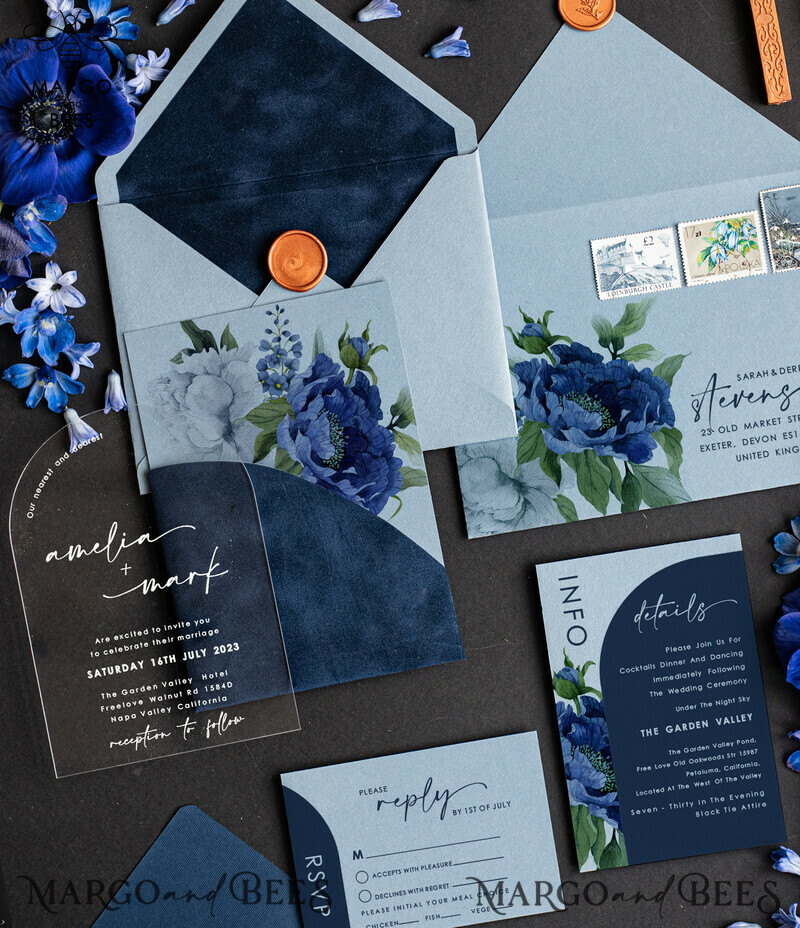 Elegant Arch Acrylic Wedding Invitations: Ice Blue and Navy Blue Velvet Pocket Set-1