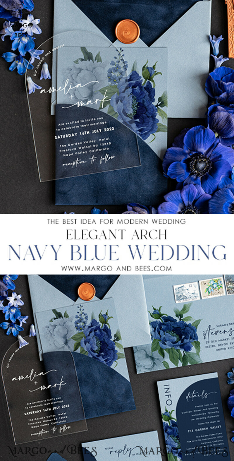 Elegant Arch Acrylic Wedding Invitations: Ice Blue and Navy Blue Velvet Pocket Set-3