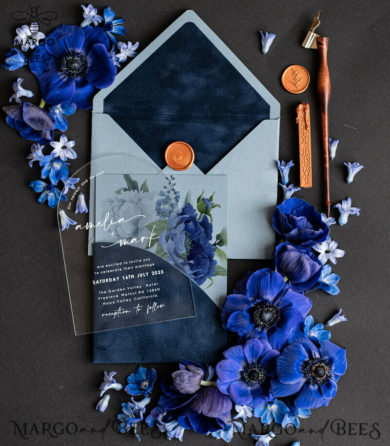 Elegant Arch Acrylic Wedding Invitations: Ice Blue and Navy Blue Velvet Pocket Set-4