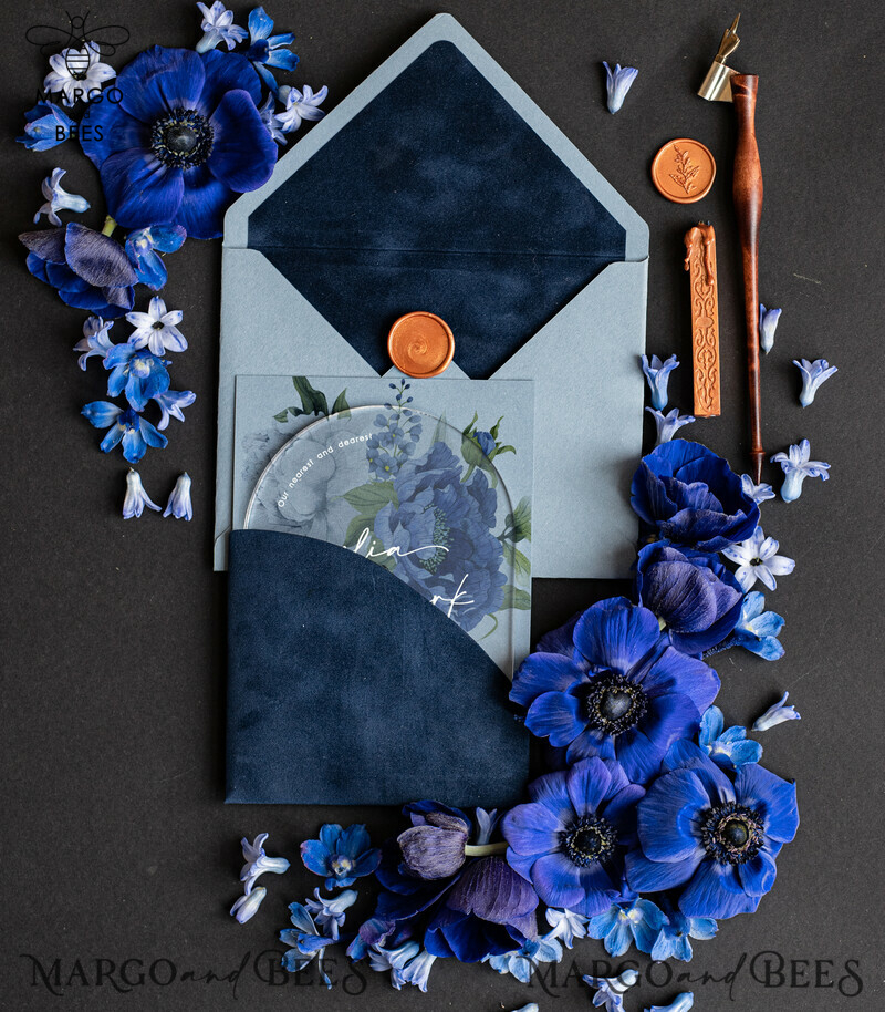Elegant Arch Acrylic Wedding Invitations: Ice Blue and Navy Blue Velvet Pocket Set-5