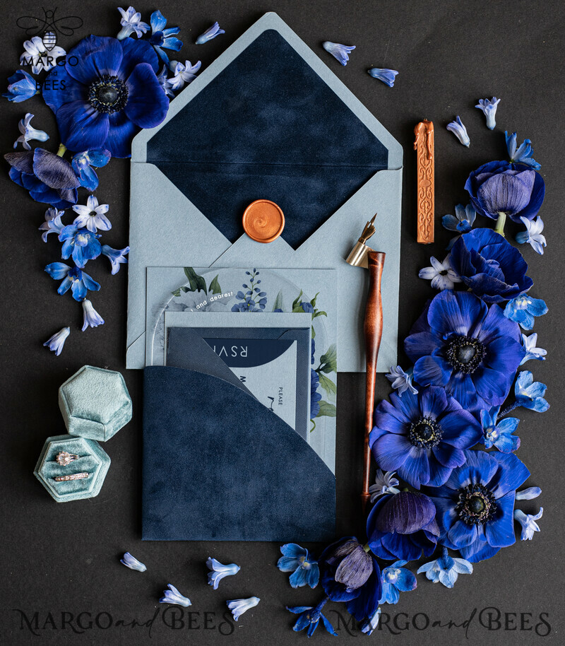 Elegant Arch Acrylic Wedding Invitations: Ice Blue and Navy Blue Velvet Pocket Set-6