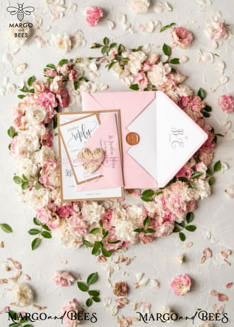 Vintage Wooden Wedding Invitations, Elegant Birch Heart Wedding Cards, Bespoke Pink Wedding Invites, Handmade Wedding Stationery-10