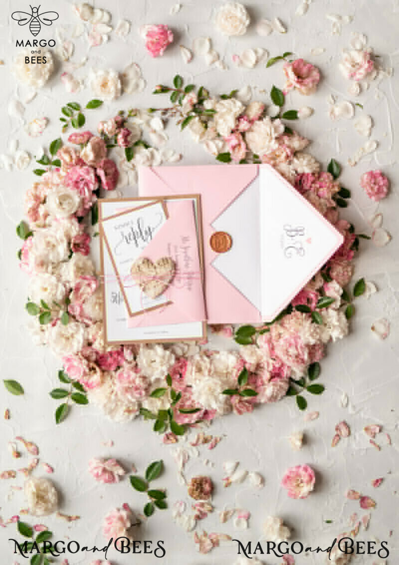 Vintage Wooden Wedding Invitations, Elegant Birch Heart Wedding Cards, Bespoke Pink Wedding Invites, Handmade Wedding Stationery-13