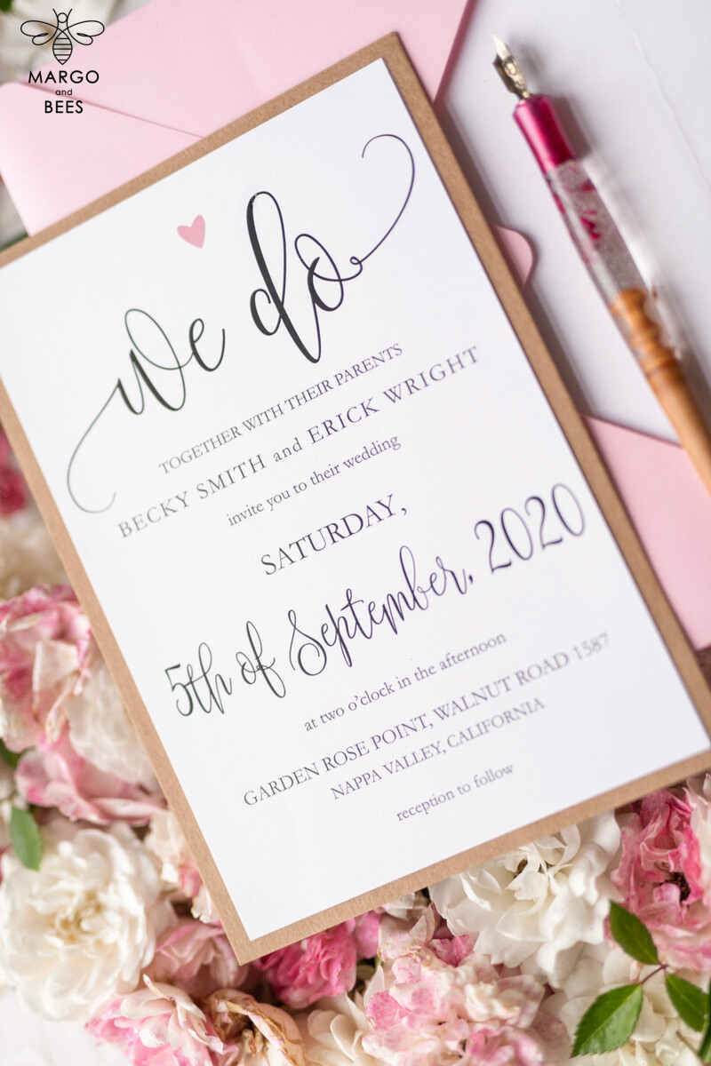 Vintage Wooden Wedding Invitations, Elegant Birch Heart Wedding Cards, Bespoke Pink Wedding Invites, Handmade Wedding Stationery-16