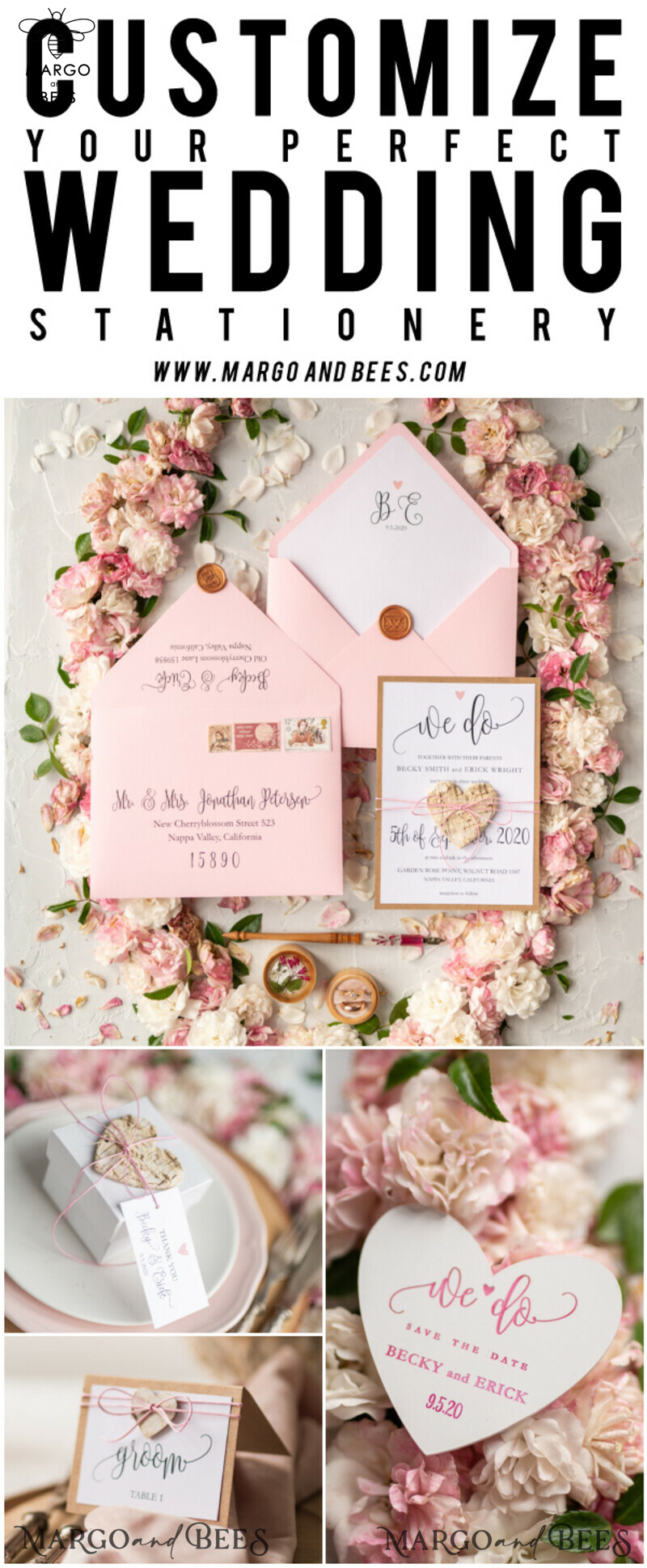 Vintage Wooden Wedding Invitations, Elegant Birch Heart Wedding Cards, Bespoke Pink Wedding Invites, Handmade Wedding Stationery-18