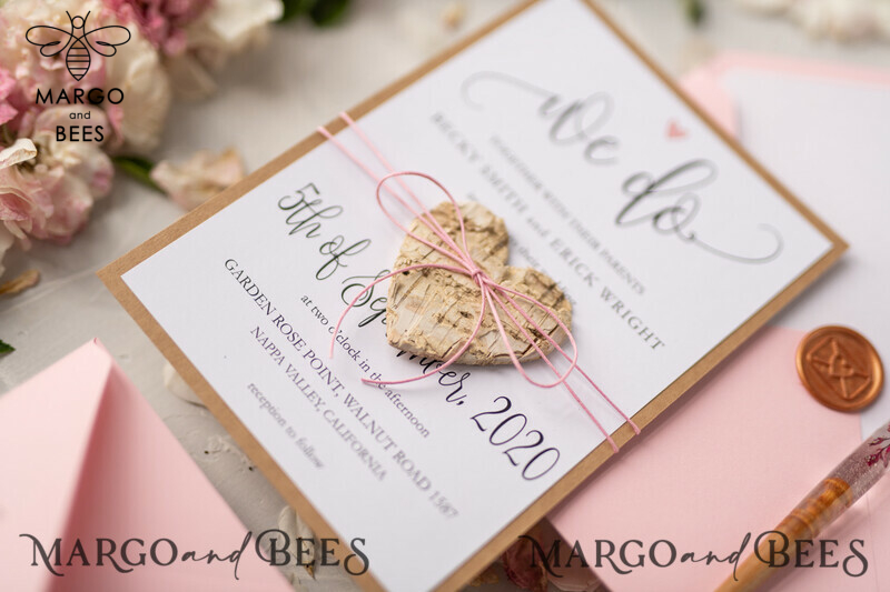 Vintage Wooden Wedding Invitations, Elegant Birch Heart Wedding Cards, Bespoke Pink Wedding Invites, Handmade Wedding Stationery-2