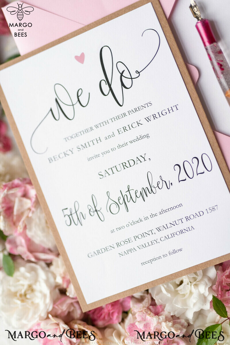Vintage Wooden Wedding Invitations, Elegant Birch Heart Wedding Cards, Bespoke Pink Wedding Invites, Handmade Wedding Stationery-5