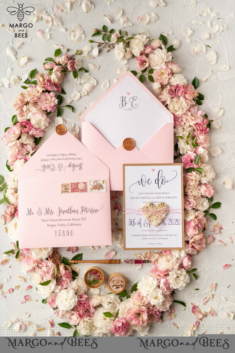 Vintage Wooden Wedding Invitations, Elegant Birch Heart Wedding Cards, Bespoke Pink Wedding Invites, Handmade Wedding Stationery-6
