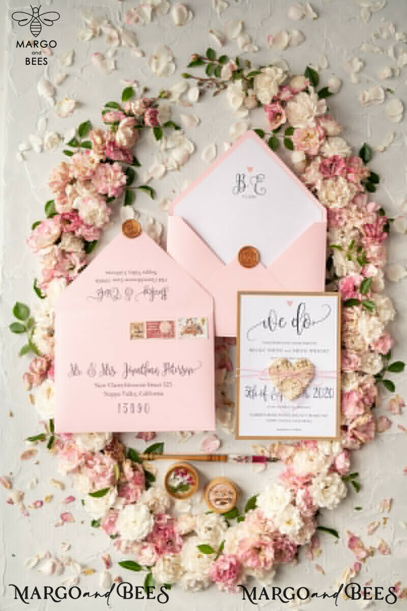 Vintage Wooden Wedding Invitations, Elegant Birch Heart Wedding Cards, Bespoke Pink Wedding Invites, Handmade Wedding Stationery-7