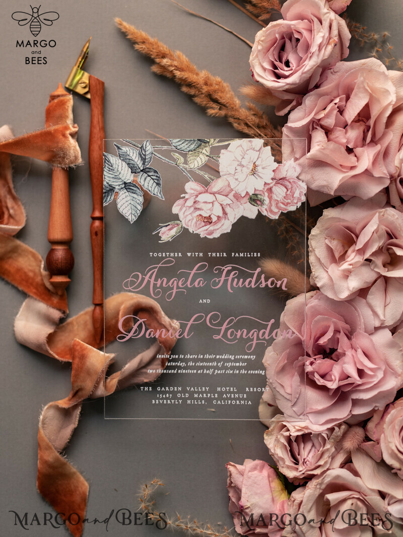 Luxury Floral Acrylic Plexi Wedding Invitations: Romantic Blush Pink Vintage Wedding Invitation Suite - Elegant and Affordable Wedding Cards-1