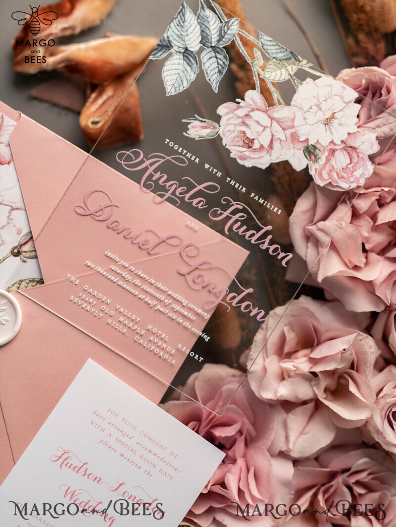 Luxurious Vintage Floral Acrylic Plexi Wedding Invitations: Elegant and Affordable Blush Pink Wedding Invitation Suite-10