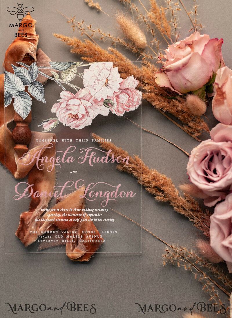 Luxurious Vintage Floral Acrylic Plexi Wedding Invitations: Elegant and Affordable Blush Pink Wedding Invitation Suite-12