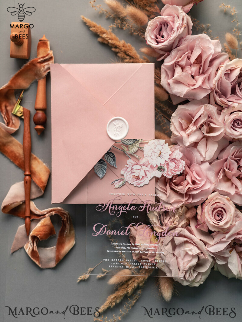Luxury Floral Acrylic Plexi Wedding Invitations: Romantic Blush Pink Vintage Wedding Invitation Suite - Elegant and Affordable Wedding Cards-13