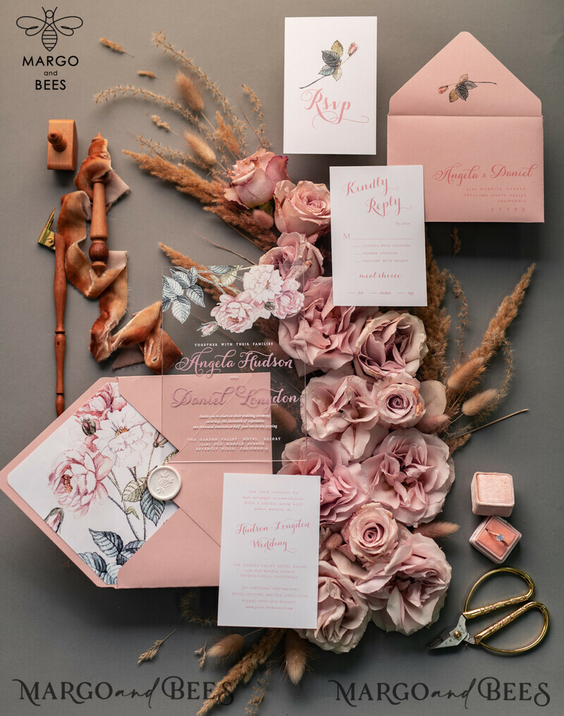 Luxurious Vintage Floral Acrylic Plexi Wedding Invitations: Elegant and Affordable Blush Pink Wedding Invitation Suite-15