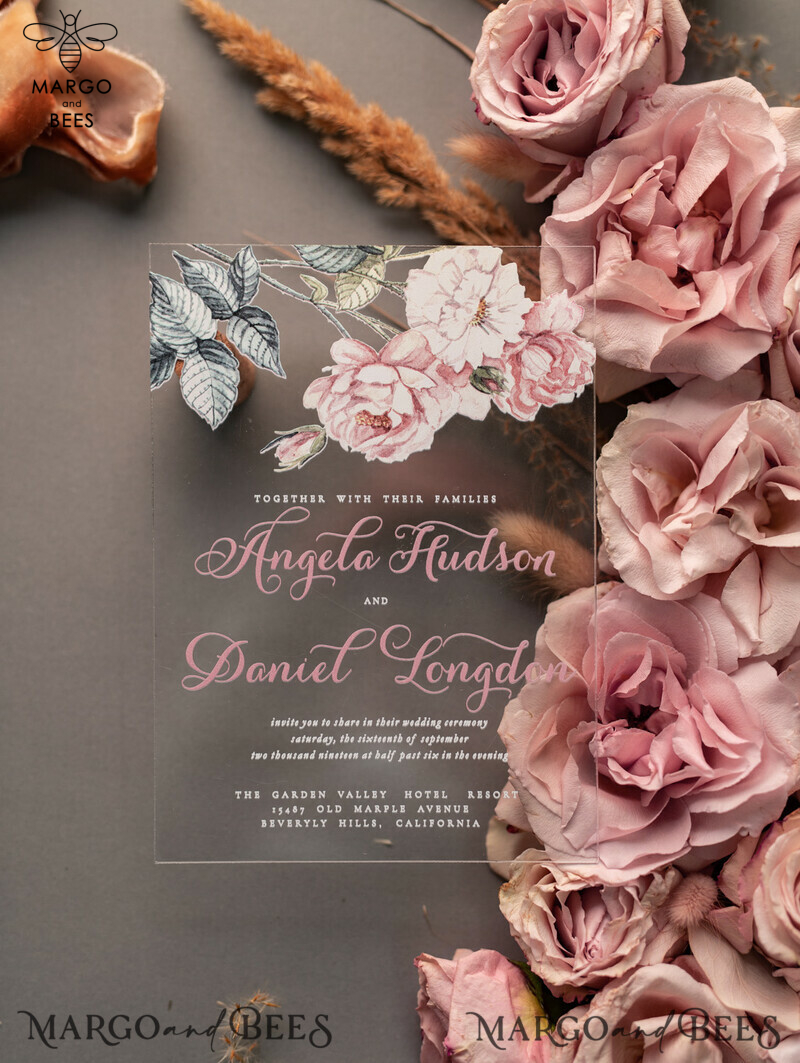 Luxurious Vintage Floral Acrylic Plexi Wedding Invitations: Elegant and Affordable Blush Pink Wedding Invitation Suite-16