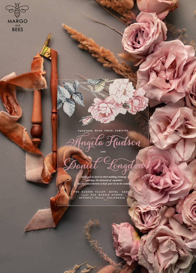 Luxury Floral Acrylic Plexi Wedding Invitations: Romantic Blush Pink Vintage Wedding Invitation Suite - Elegant and Affordable Wedding Cards-17