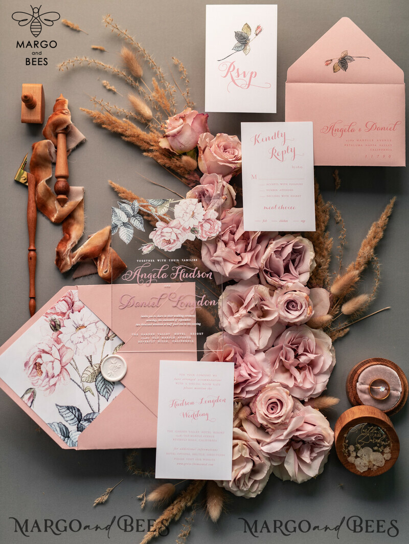 Luxury Floral Acrylic Plexi Wedding Invitations: Romantic Blush Pink Vintage Wedding Invitation Suite - Elegant and Affordable Wedding Cards-2