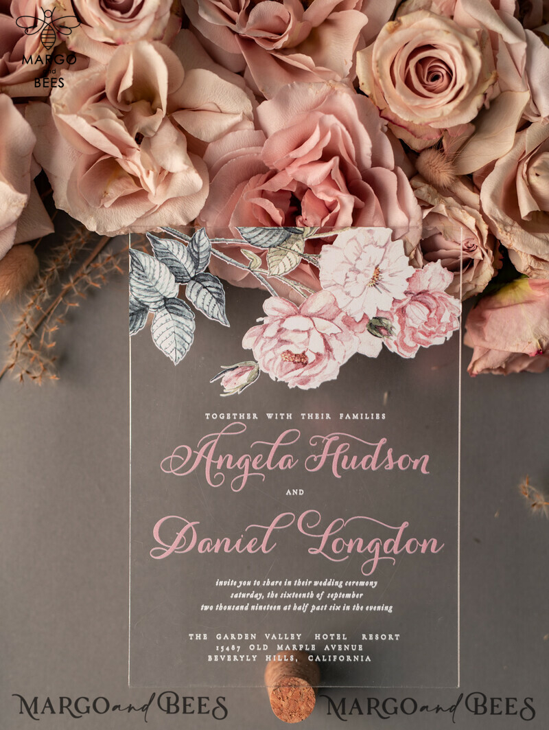 Luxurious Vintage Floral Acrylic Plexi Wedding Invitations: Elegant and Affordable Blush Pink Wedding Invitation Suite-21