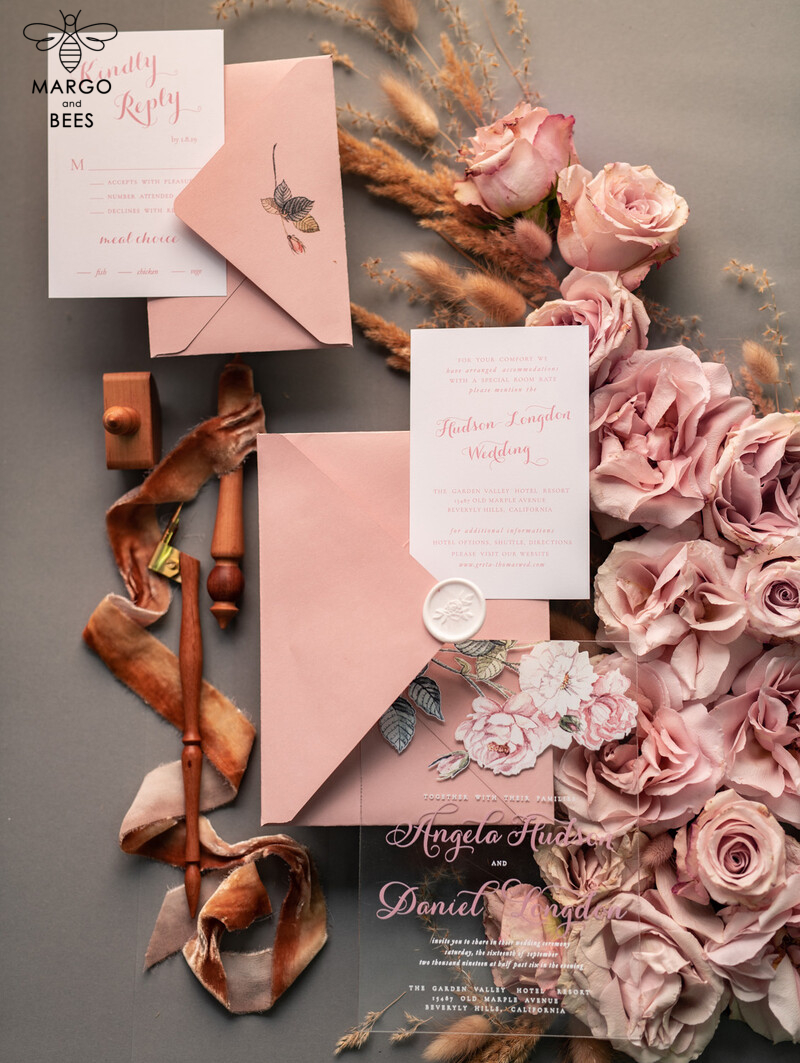 Luxurious Vintage Floral Acrylic Plexi Wedding Invitations: Elegant and Affordable Blush Pink Wedding Invitation Suite-23
