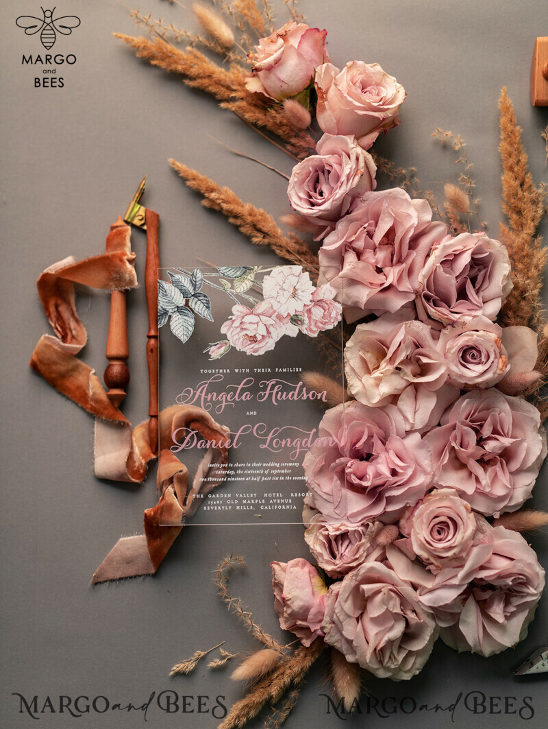 Luxury Floral Acrylic Plexi Wedding Invitations: Romantic Blush Pink Vintage Wedding Invitation Suite - Elegant and Affordable Wedding Cards-24