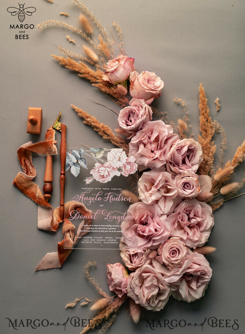 Luxurious Vintage Floral Acrylic Plexi Wedding Invitations: Elegant and Affordable Blush Pink Wedding Invitation Suite-25