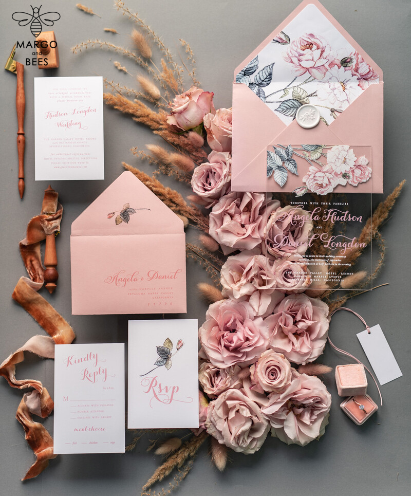 Luxury Floral Acrylic Plexi Wedding Invitations: Romantic Blush Pink Vintage Wedding Invitation Suite - Elegant and Affordable Wedding Cards-26
