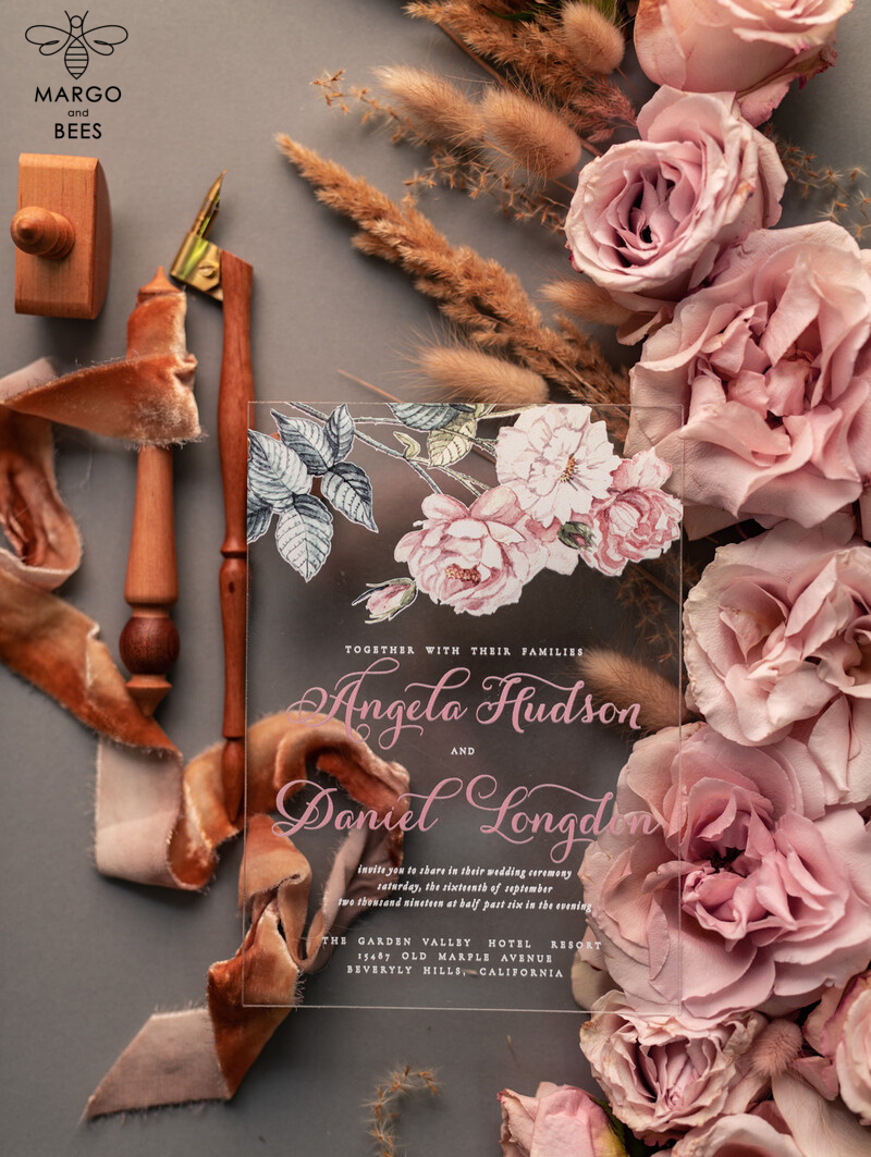 Luxurious Vintage Floral Acrylic Plexi Wedding Invitations: Elegant and Affordable Blush Pink Wedding Invitation Suite-27