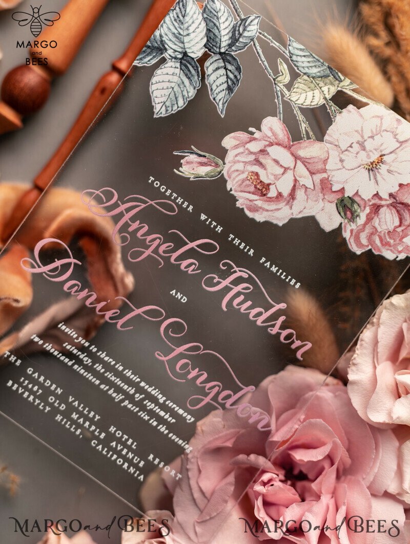 Luxurious Vintage Floral Acrylic Plexi Wedding Invitations: Elegant and Affordable Blush Pink Wedding Invitation Suite-28