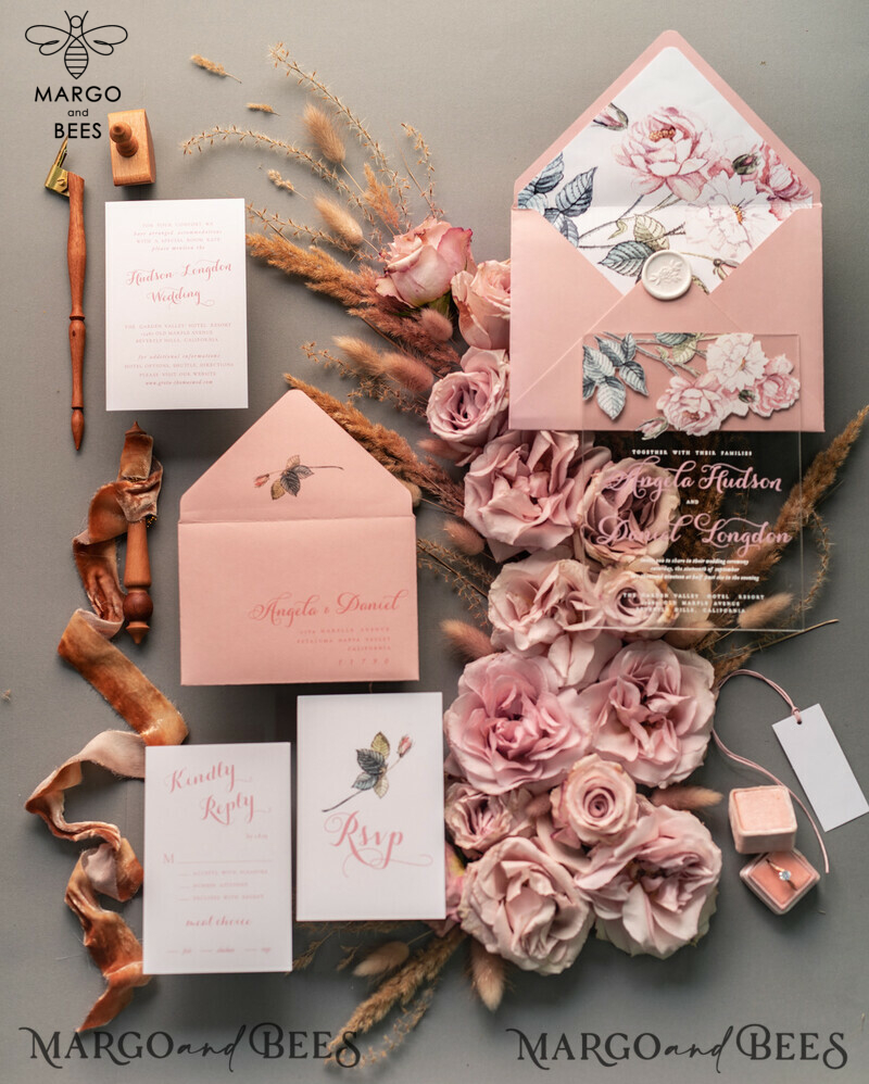 Luxury Floral Acrylic Plexi Wedding Invitations: Romantic Blush Pink Vintage Wedding Invitation Suite - Elegant and Affordable Wedding Cards-29