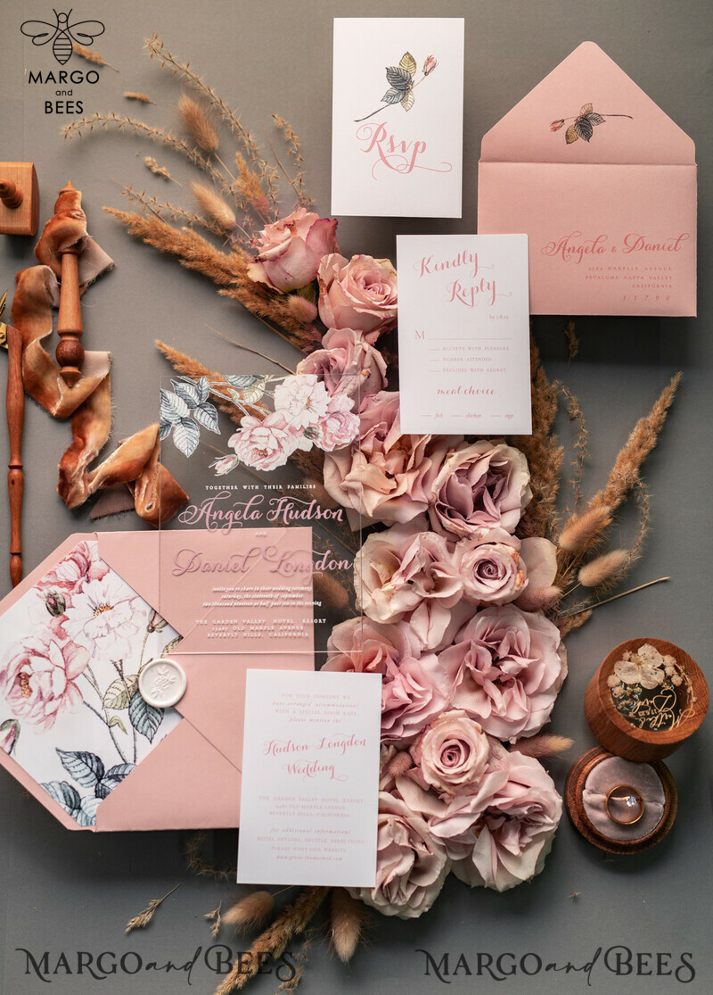 Luxury Floral Acrylic Plexi Wedding Invitations: Romantic Blush Pink Vintage Wedding Invitation Suite - Elegant and Affordable Wedding Cards-3