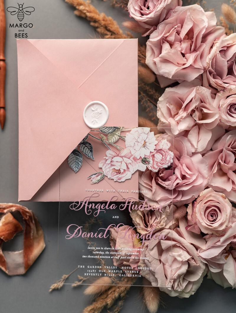 Luxurious Vintage Floral Acrylic Plexi Wedding Invitations: Elegant and Affordable Blush Pink Wedding Invitation Suite-31