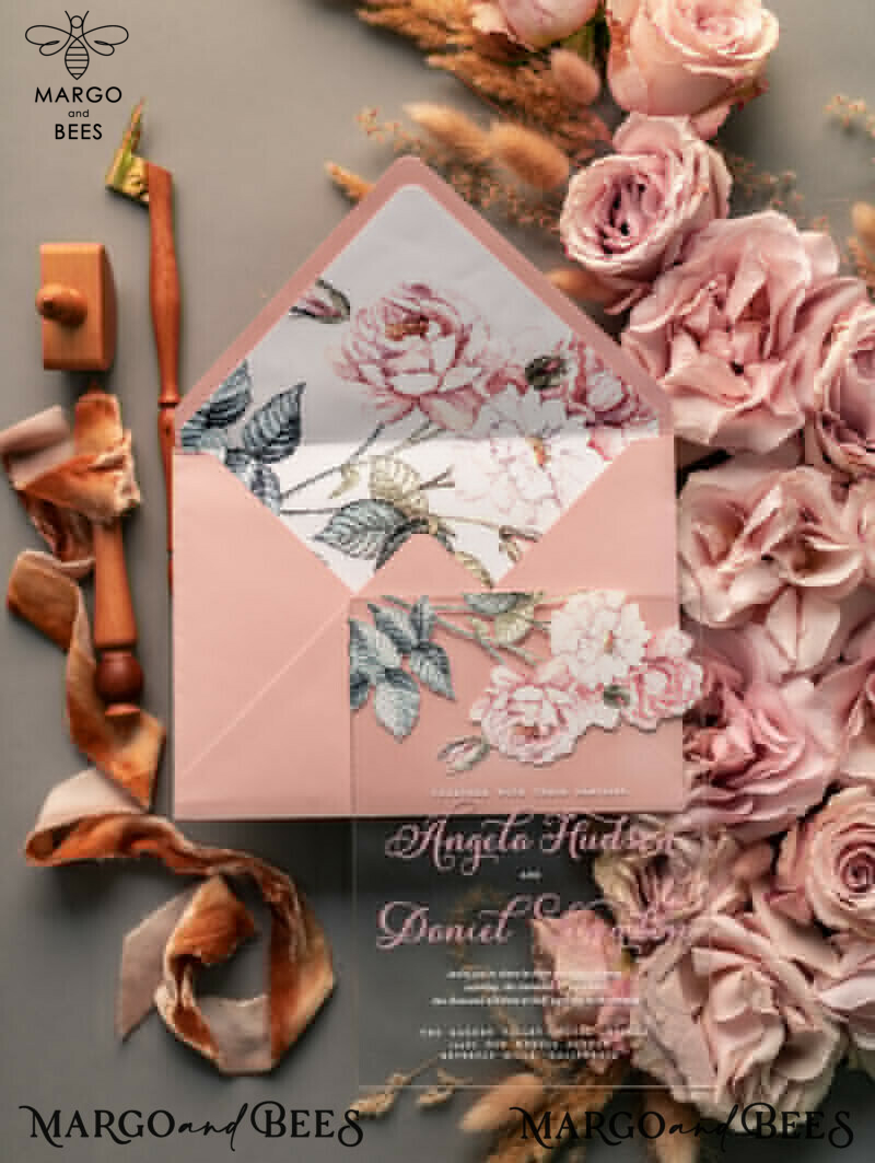 Luxurious Vintage Floral Acrylic Plexi Wedding Invitations: Elegant and Affordable Blush Pink Wedding Invitation Suite-33
