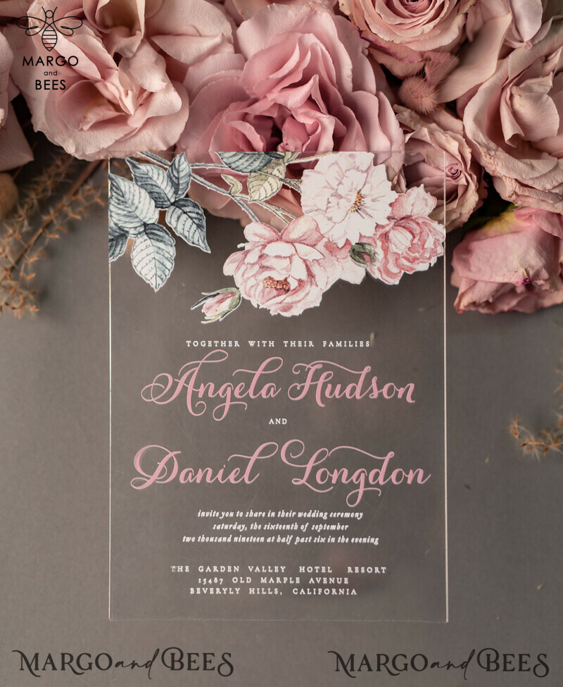 Luxurious Vintage Floral Acrylic Plexi Wedding Invitations: Elegant and Affordable Blush Pink Wedding Invitation Suite-34
