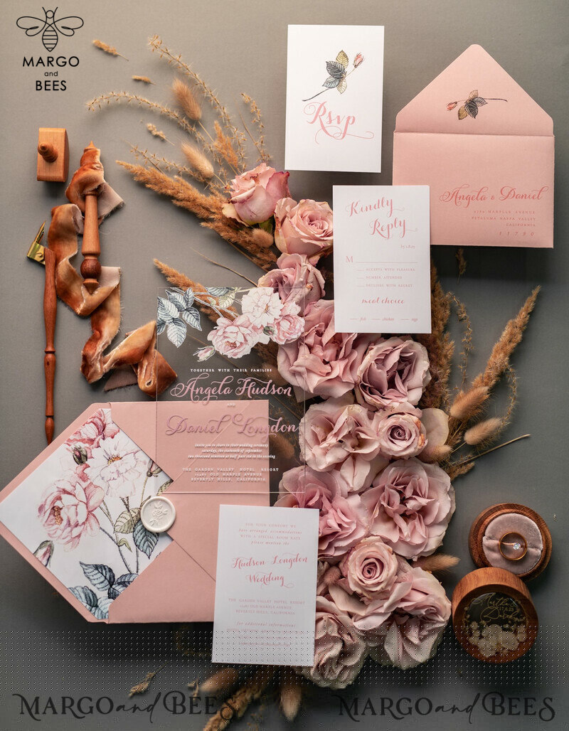 Luxury Floral Acrylic Plexi Wedding Invitations: Romantic Blush Pink Vintage Wedding Invitation Suite - Elegant and Affordable Wedding Cards-5