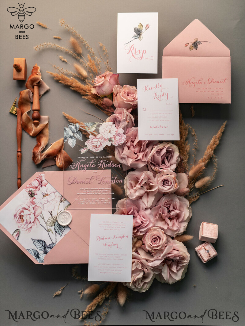 Luxury Floral Acrylic Plexi Wedding Invitations: Romantic Blush Pink Vintage Wedding Invitation Suite - Elegant and Affordable Wedding Cards-6