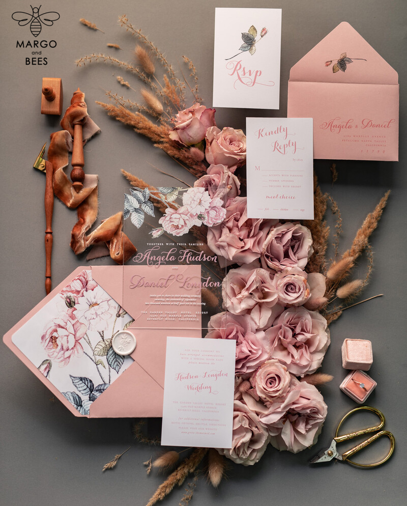 Luxury Floral Acrylic Plexi Wedding Invitations: Romantic Blush Pink Vintage Wedding Invitation Suite - Elegant and Affordable Wedding Cards-9