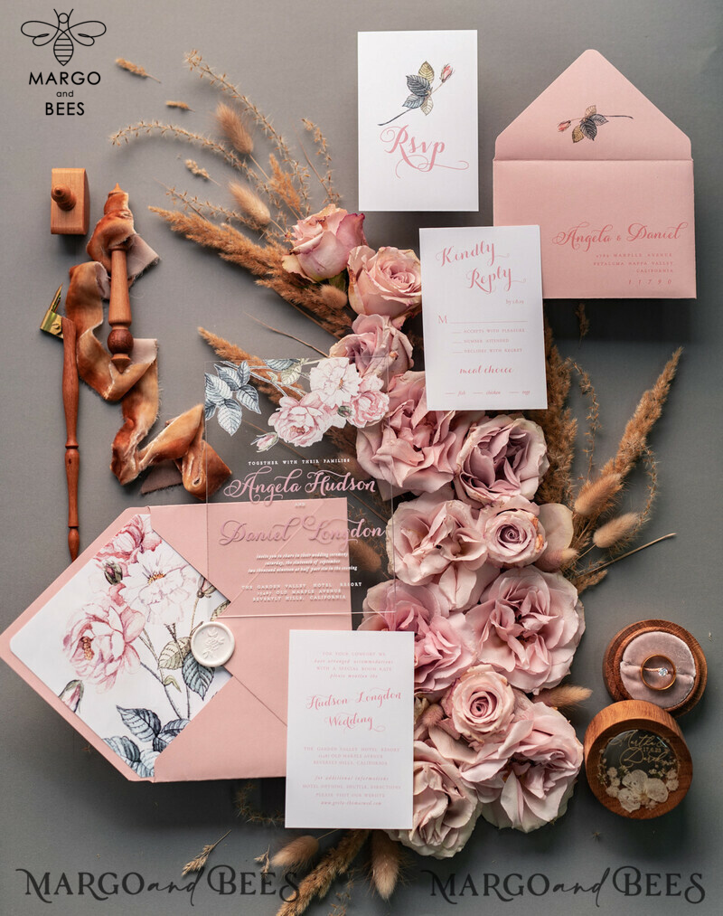 Luxurious Vintage Floral Acrylic Plexi Wedding Invitations: Elegant and Affordable Blush Pink Wedding Invitation Suite-0