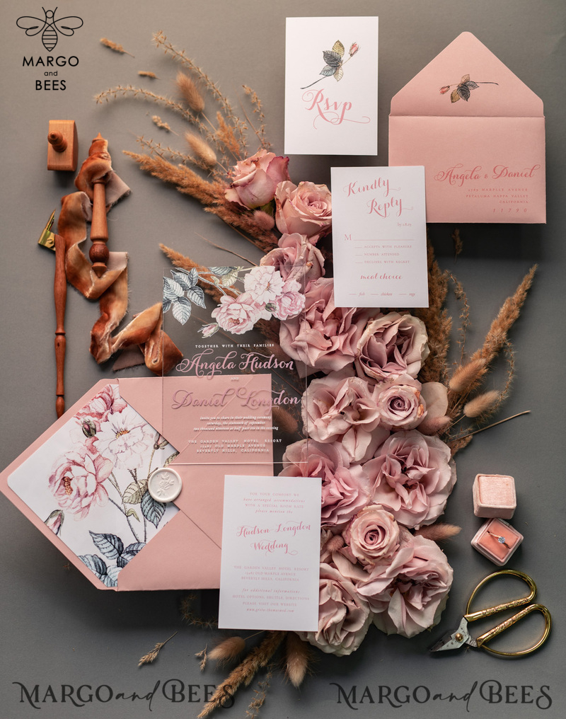 Luxury Floral Acrylic Plexi Wedding Invitations, Romantic Blush Pink Wedding Invites, Vintage Wedding Invitation Suite, Elegant And Affordable Wedding Cards-15